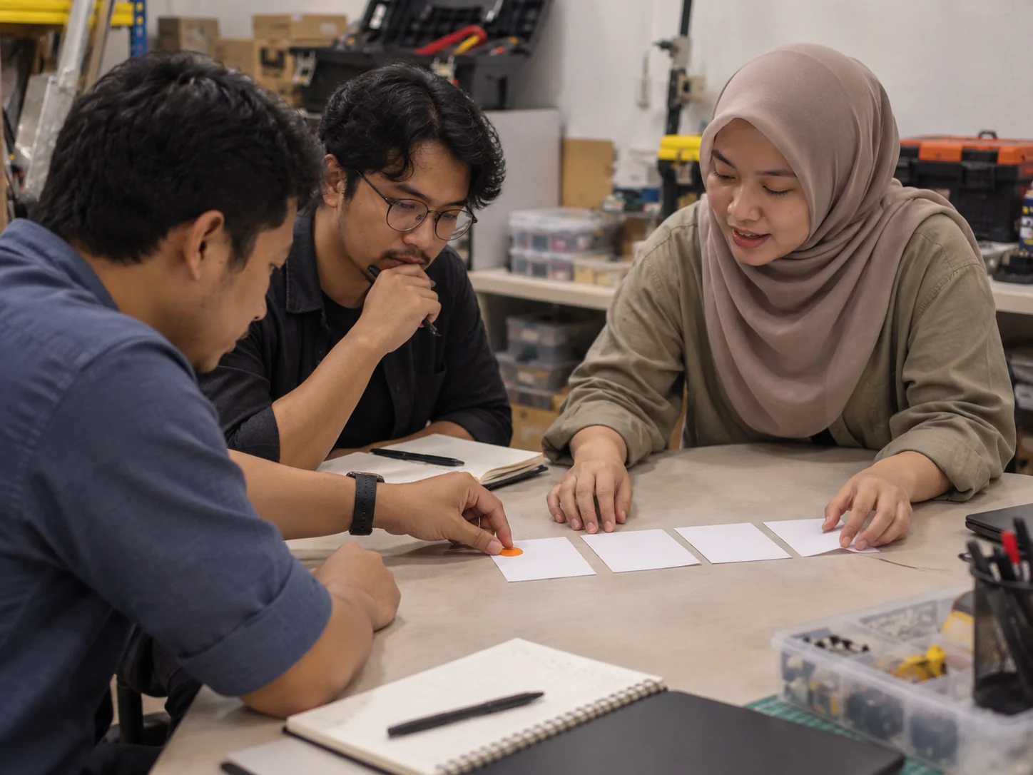 AI-generated illustration. Unique newly generated illustrative scene: Three fictional Malaysian adults choosing a workflow to automate: a woman engineer lays out five simple blank process cards in a row while two colleagues place a small orange marker beside just one card. Close table-level view from the side, faces secondary, ordinary notebooks and pens, no readable text or screens. Different from leadership discussion, training and support photos. Not actual REKA staff, a named client or deployment evidence.