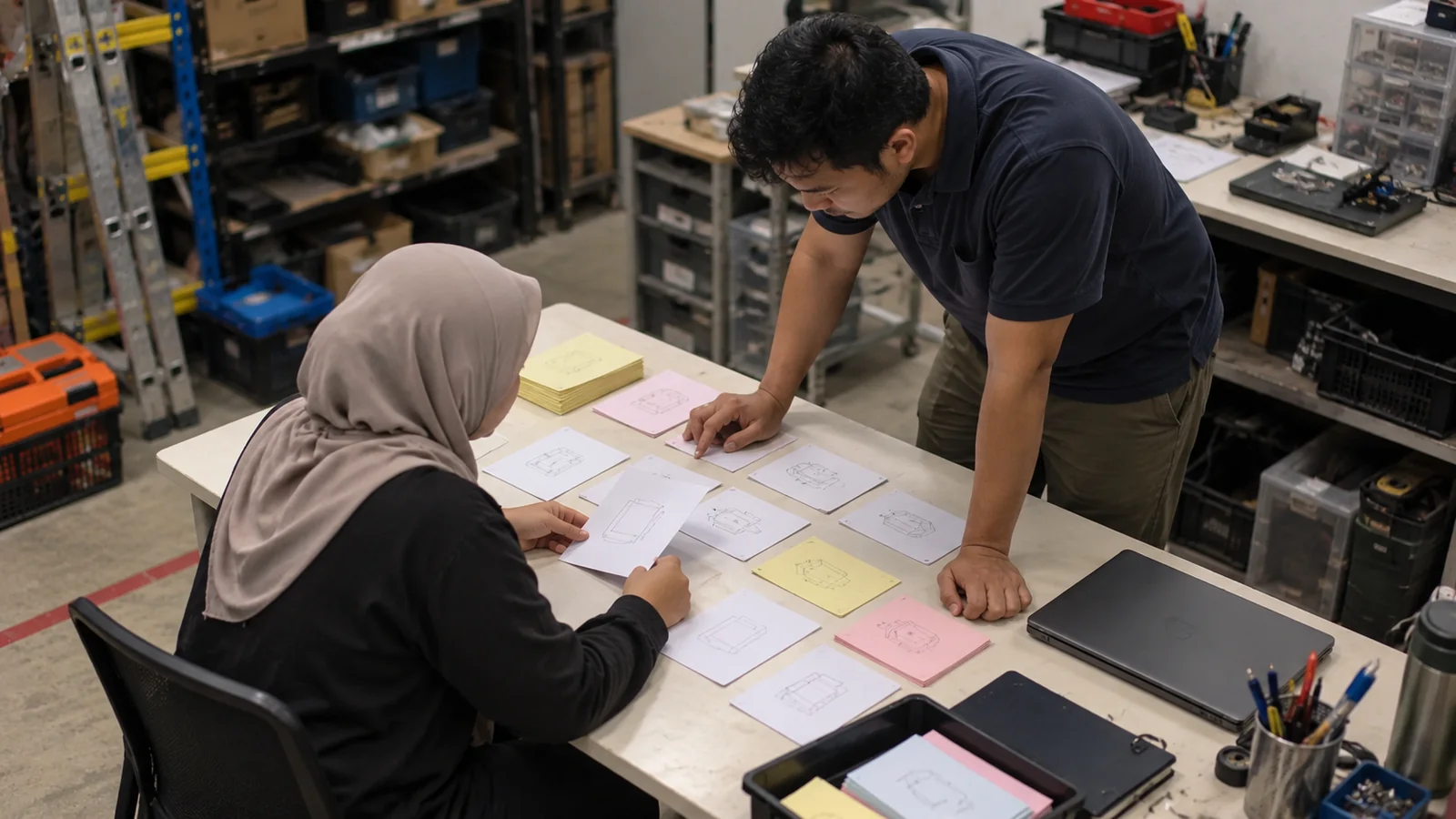 AI-generated illustration. Unique newly generated illustrative scene: Wide photo of a fictional Malaysian production planner and a supervisor reviewing the next day's sequence of unlabelled job cards spread on a small office table. One person standing, one seated, overhead three-quarter composition showing the tabletop as the focus, laptop closed. A practical planning moment, no neural-network graphics, no readable schedule or performance figures. Not actual REKA staff, a named client or deployment evidence.