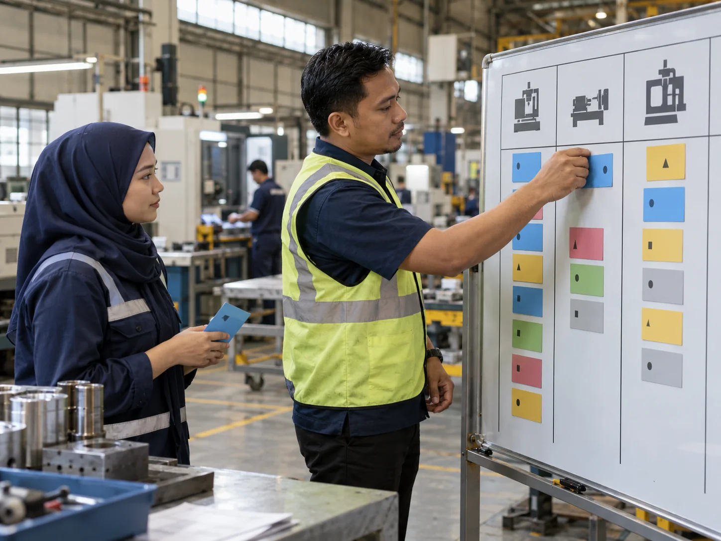 AI-generated illustration. Unique newly generated illustrative scene: A fictional Malaysian adult production planner beside a large plain magnetic task board on the safe edge of a factory floor, carefully moving one blue job card between blank machine columns while an operator waits holding the next unlabelled card. Natural high-window light, practical manufacturing context. Cards and board contain abstract marks only, no formulas, numbers, claims or readable words. Not actual REKA staff, a named client or deployment evidence.