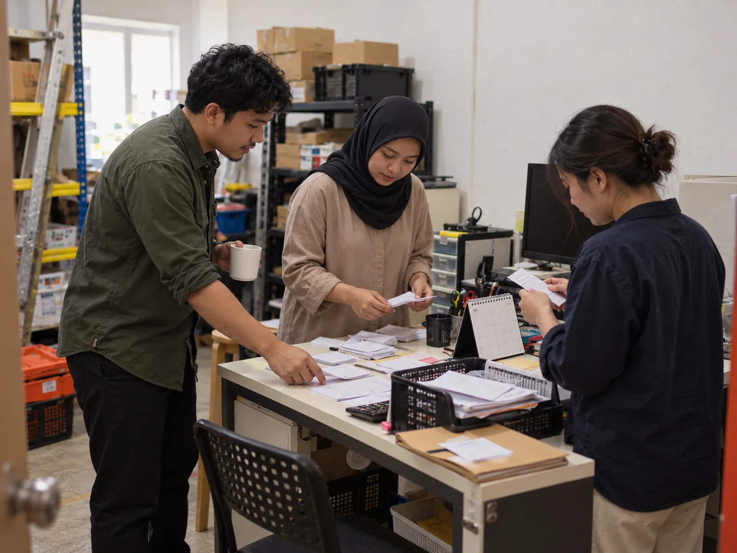 AI-generated illustration. Unique newly generated illustrative scene: An early-morning admin huddle: three fictional Malaysian adults stand around a small side desk sorting unlabelled order slips and a paper calendar, one with a coffee mug. Wider room view from the doorway, shoulder-height camera. Make this an administration task, not electronics assembly. Not actual REKA staff, a named client or deployment evidence.