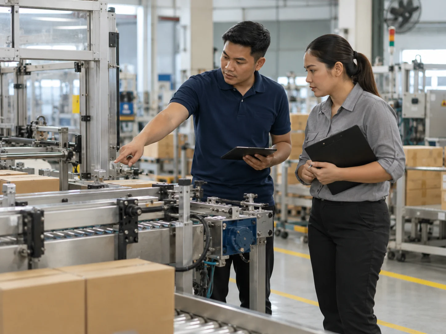 AI-generated illustration. Unique newly generated illustrative scene: Two fictional Malaysian adult professionals, an engineer in a plain navy polo and an operations supervisor in a plain grey shirt, safely reviewing the flow beside a stopped packing conveyor on a modest bright manufacturing floor. Both behind the safety boundary, one pointing to the transfer between stations. Medium-wide candid side view, realistic safety practice. Not actual REKA staff, a named client or deployment evidence.