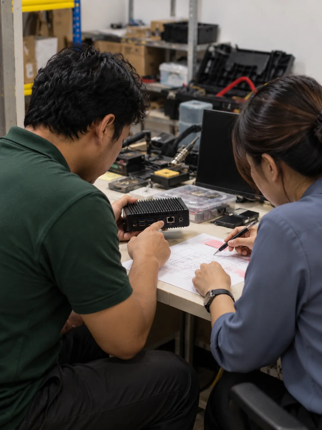 AI-generated illustration. Unique newly generated illustrative scene: Portrait composition: fictional Malaysian support engineer wearing a forest-green polo and an operations supervisor with a blue-grey blouse sit side by side, examining one flagged unlabelled checklist and a small edge-computing box. Tight over-the-shoulder framing, laptop screen turned away. A calm exception-resolution moment, not a generic group meeting. Not actual REKA staff, a named client or deployment evidence.