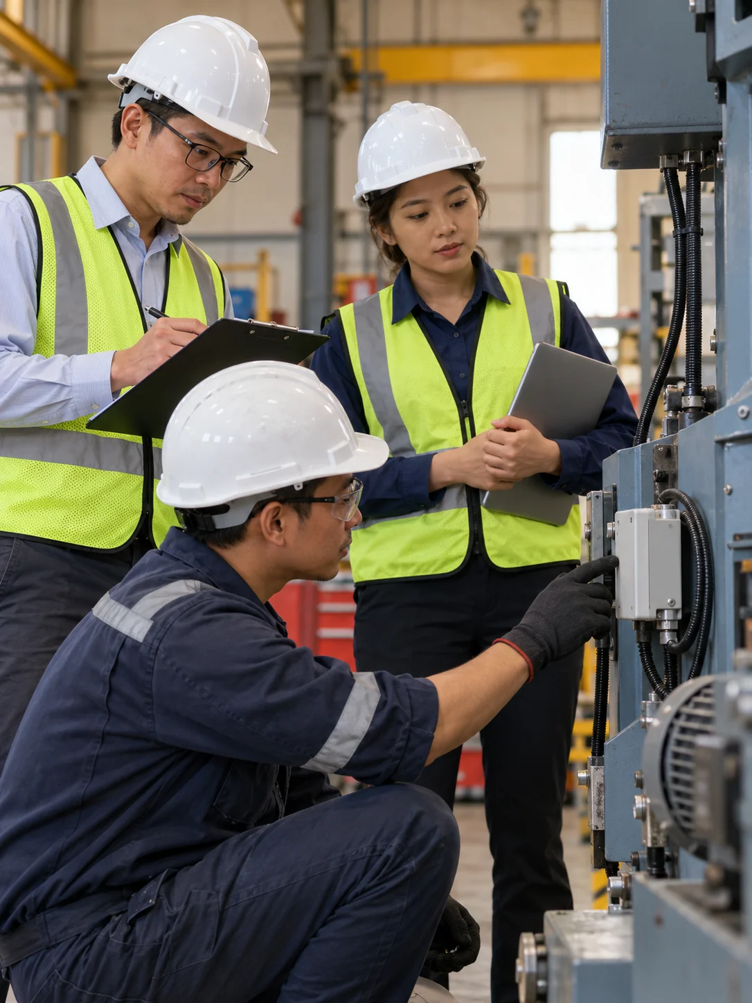 AI-generated illustration. Unique newly generated illustrative scene: Portrait composition in a generic Malaysian industrial workshop: two fictional adult engineers and one maintenance technician verify a neatly mounted generic low-voltage sensor enclosure on a stationary machine. Equipment safely isolated for commissioning; one compares its status to an unreadable clipboard, another holds a closed laptop. No claim about a named client, no unsafe contact with moving machinery. Not actual REKA staff, a named client or deployment evidence.