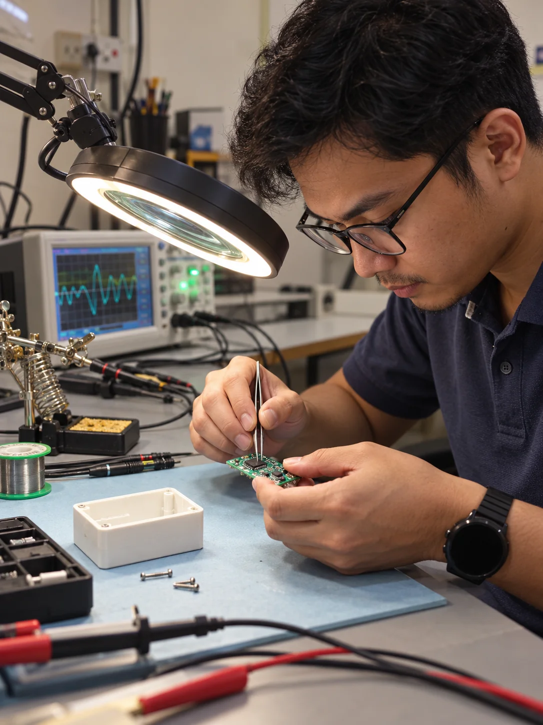 AI-generated illustration. Unique newly generated illustrative scene: Portrait close-to-medium shot of a fictional Malaysian adult hardware engineer seated at a realistic electronics bench, inspecting a tiny sensor board under a magnifying task lamp, tweezers held safely, oscilloscope and coiled leads behind, a plain 3D-printed enclosure beside the board. Keep the bench grounded in the reference equipment. Professional hands-on activity, no bedroom or bed, no readable displays. Not actual REKA staff, a named client or deployment evidence.