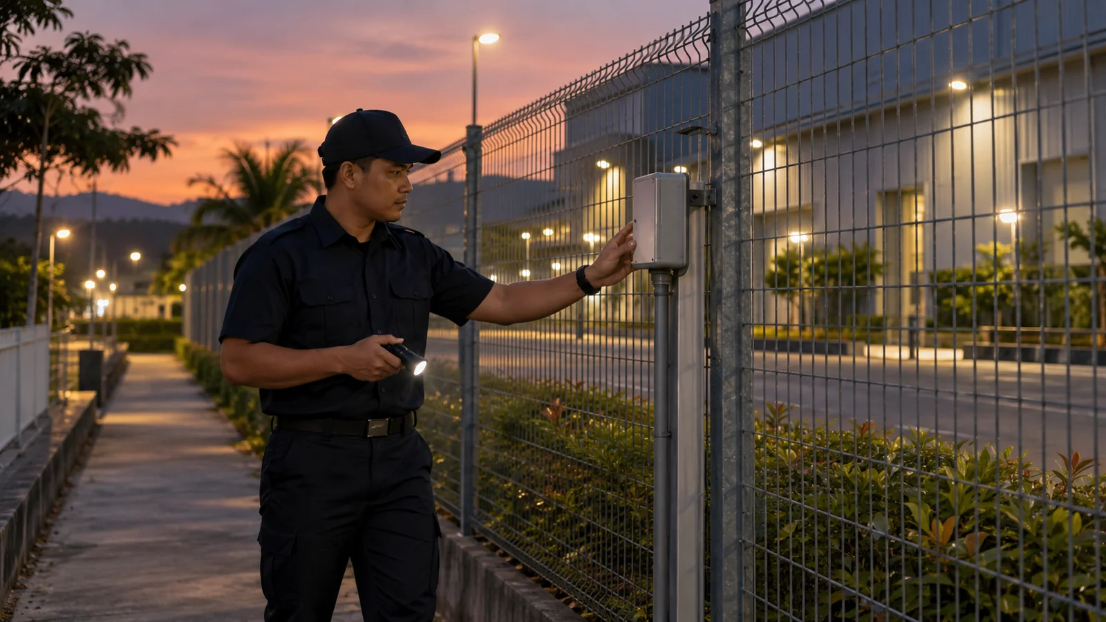 AI-generated illustration. Unique newly generated illustrative scene: Wide dusk industrial-perimeter scene in Malaysia: a fictional adult security officer in a plain dark uniform making rounds on a footpath beside a fence, inspecting a small generic unbranded sensor enclosure on a post without opening it. Modest floodlights, ordinary building facade, no weapons, no police insignia. Subtle evening documentary photography, not a real named security deployment. Not actual REKA staff, a named client or deployment evidence.