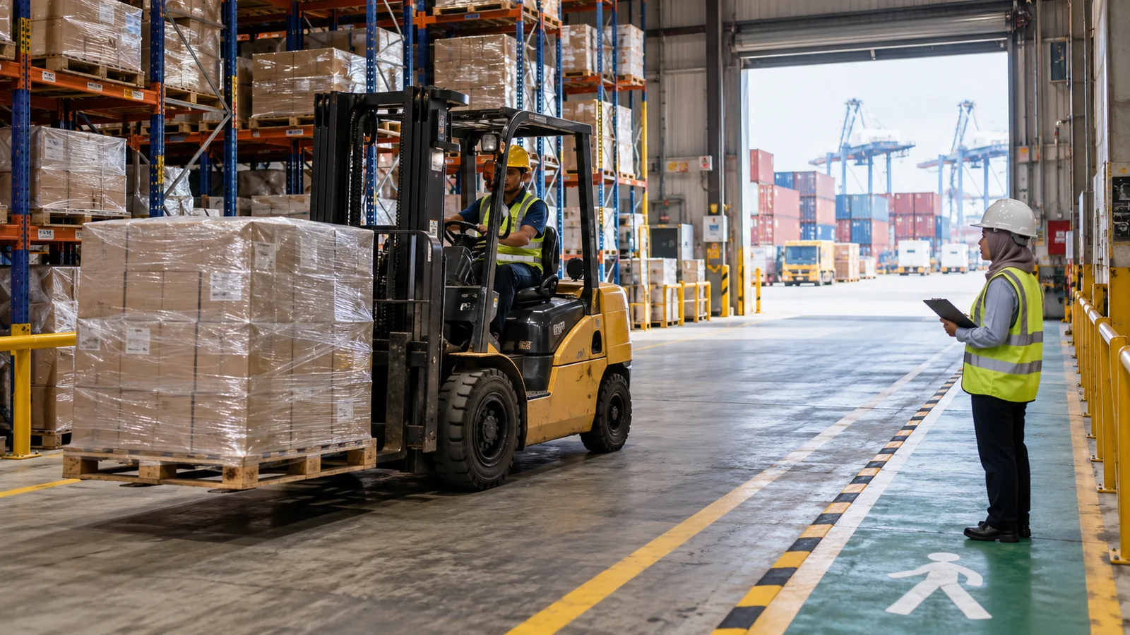 Workers and a forklift moving loads through a logistics depot