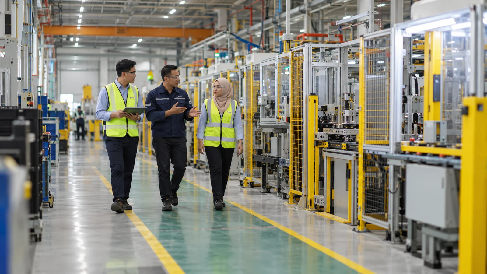 AI-generated illustration. Unique newly generated illustrative scene: Wide candid photo of three fictional Malaysian adults walking a safe pedestrian lane beside a factory assembly line, a consultant carrying a tablet turned inward, an operations lead explaining the flow, an engineer listening. Machine guards and real industrial lighting. Shot from the far end of the aisle with plenty of environment, different from the close conveyor consultation photo. Not actual REKA staff, a named client or deployment evidence.