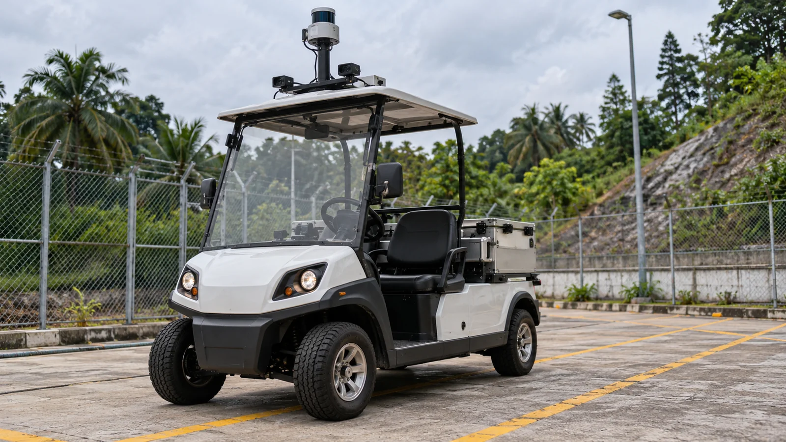 AI-generated illustration. Unique newly generated illustrative scene: Wide editorial photo of a modest unbranded compact electric utility vehicle carrying a small clearly visible sensor rack, stationary on a marked route in a fenced research test yard in Malaysia. No people in motion, no claimed commercial fleet, no futuristic design. Low three-quarter front angle, weathered concrete and tropical foliage, overcast daylight. Illustrative prototype testing context only. Not actual REKA staff, a named client or deployment evidence.