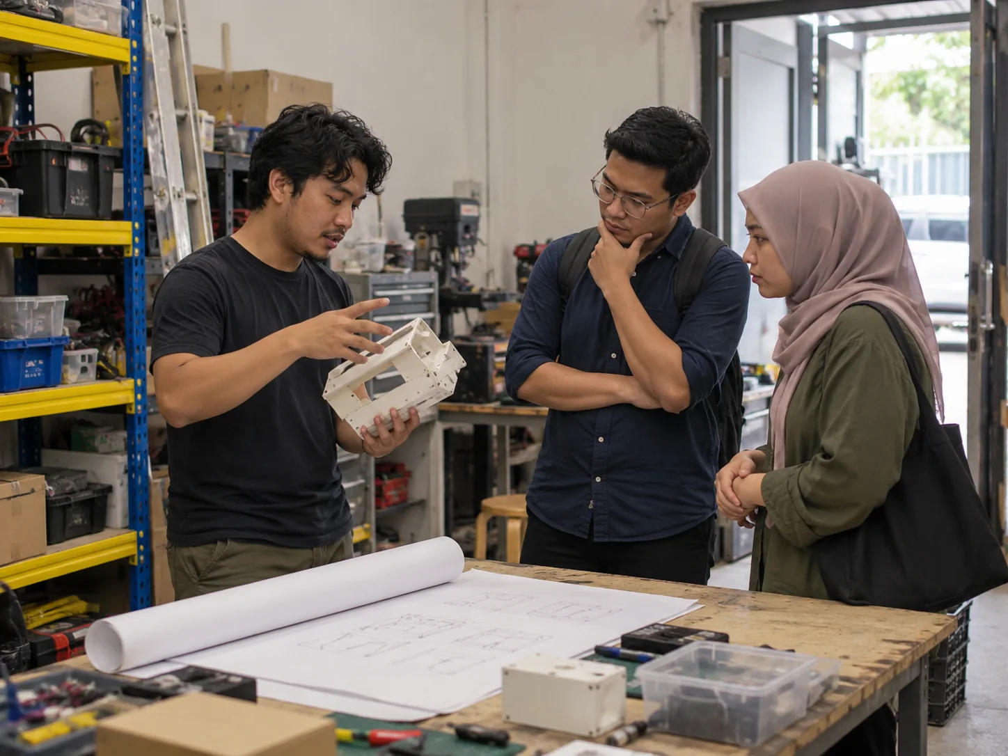 AI-generated illustration. Unique newly generated illustrative scene: Fictional visiting team of two Malaysian adults standing at the end of a workshop table while a fictional engineer shows a plain physical mock-up and a roll of blank sketches. Side-on composition with shelving framing one edge and an open doorway visible. A first scoping conversation, with a different group, pose and room angle from every seated meeting scene. Not actual REKA staff, a named client or deployment evidence.