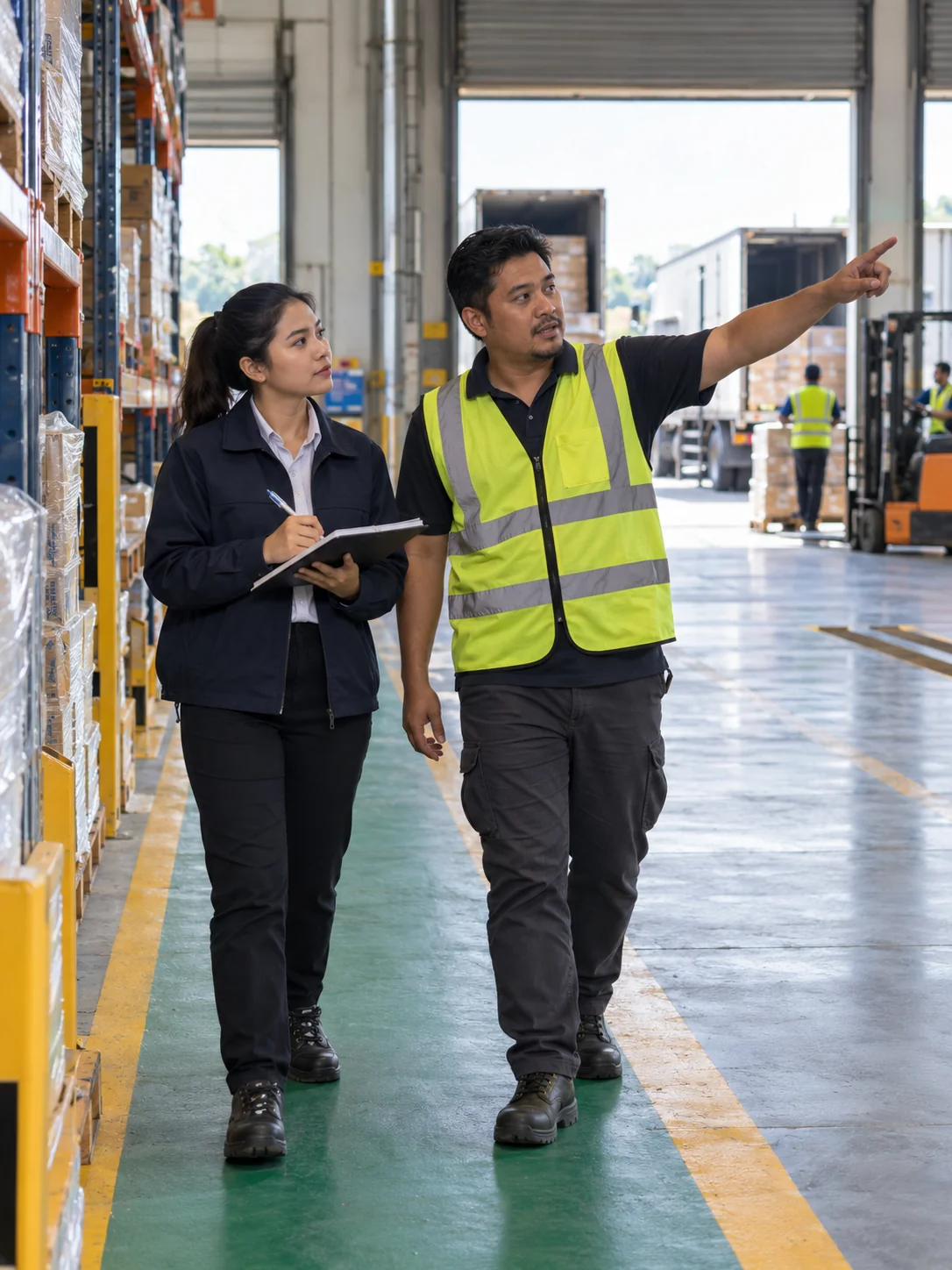 Operations staff discussing work on a factory floor