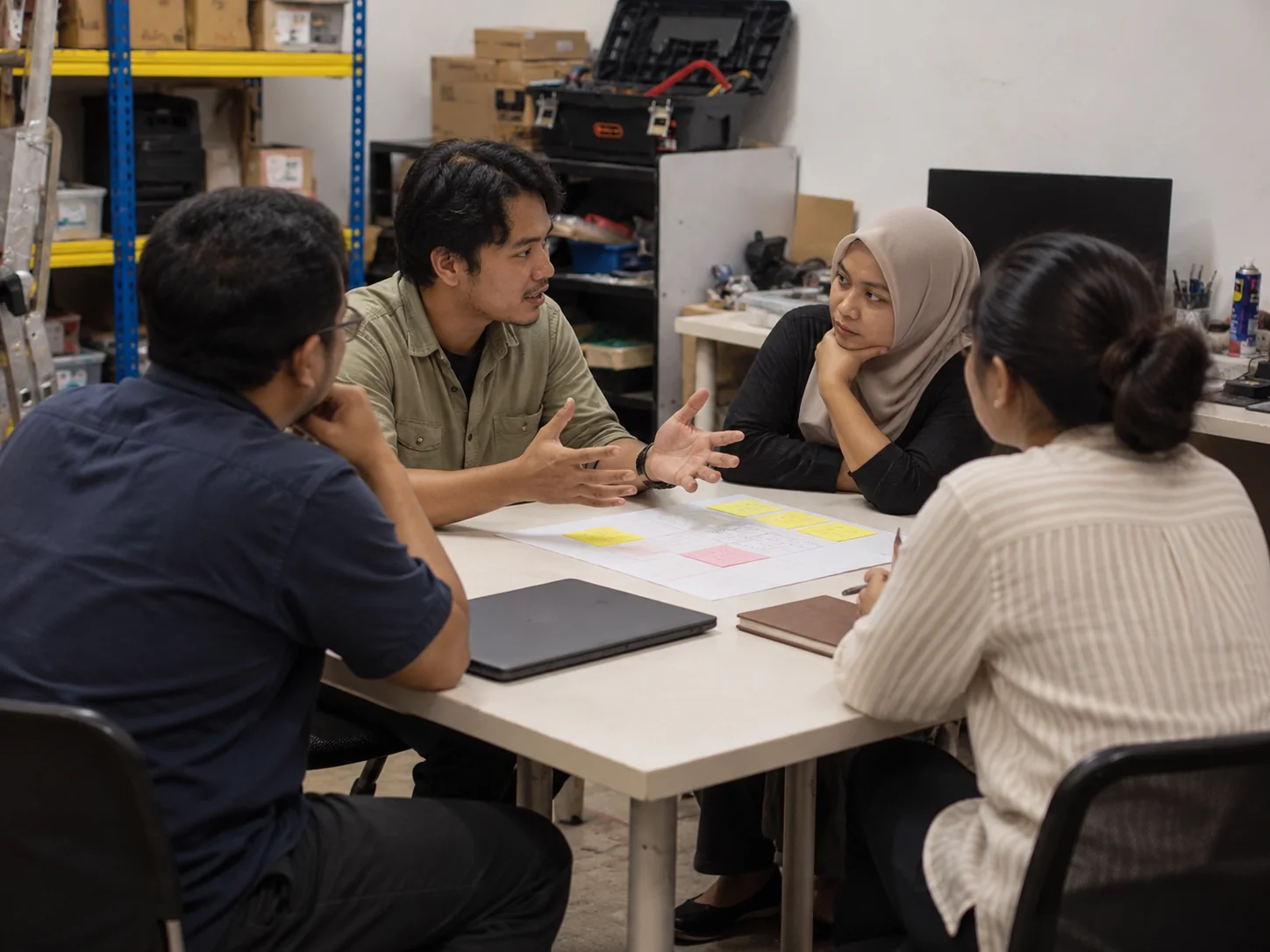 AI-generated illustration. Unique newly generated illustrative scene: Four fictional Malaysian adults with diverse everyday office dress discuss where to start with an operational improvement, around a small meeting table. One person explaining with open palms, the others listening, notebooks closed or turned away. View from the opposite side of the room at seated eye height, natural and candid, not the two-person workbench view in the reference. Not actual REKA staff, a named client or deployment evidence.