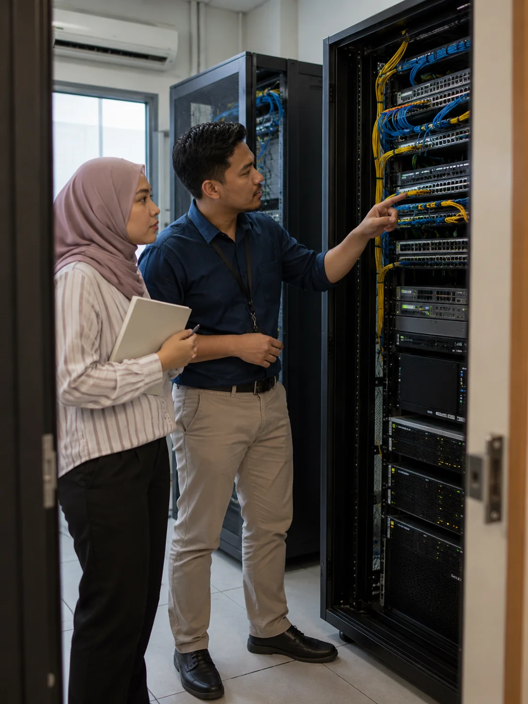Two people checking equipment in a server rack