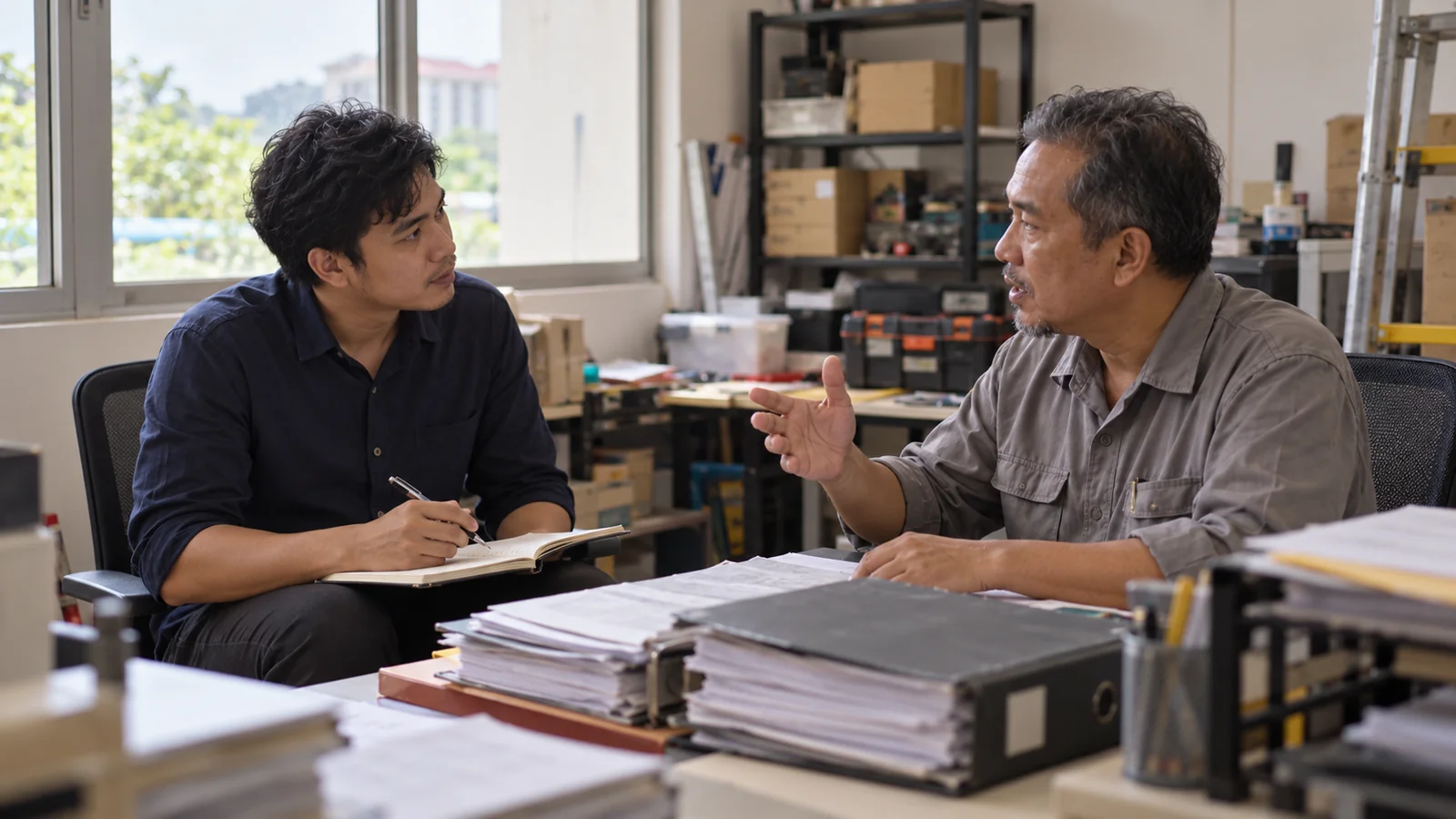 AI-generated illustration. Unique newly generated illustrative scene: Wide quiet discovery interview: a fictional Malaysian consultant with a plain notebook listening attentively to an older fictional Malaysian supervisor beside a desk with stacks of unlabelled paper binders. The supervisor explains with a small gesture, consultant looks at the speaker instead of a screen. Use a window-side camera angle and softer morning light, distinct from every other office composition. Not actual REKA staff, a named client or deployment evidence.
