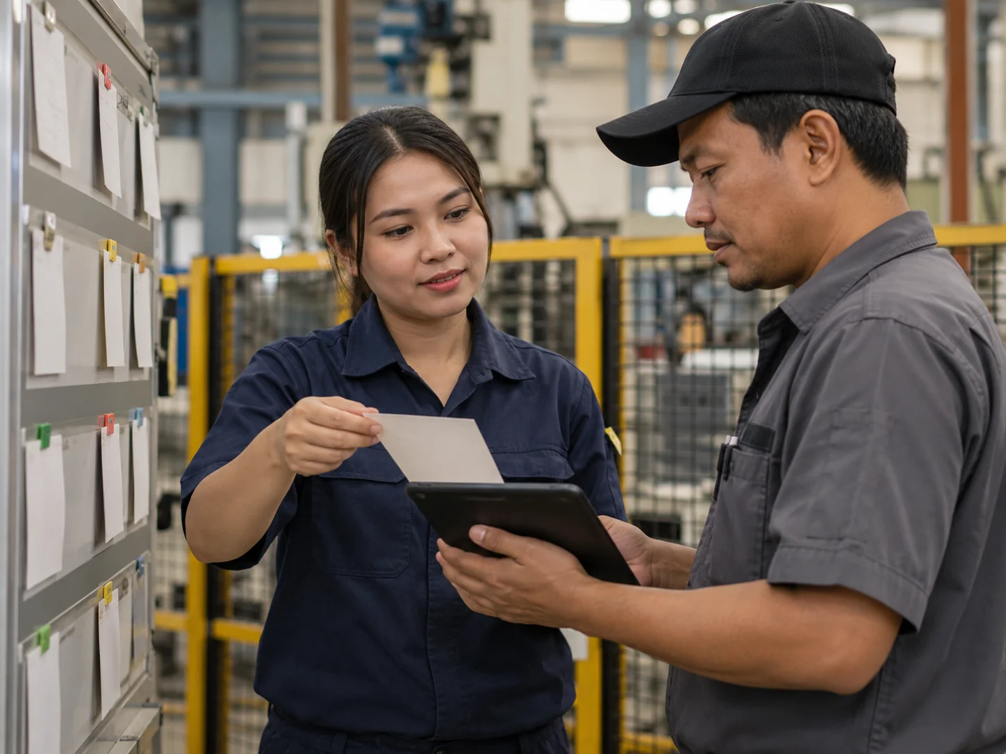 Two workers reviewing a job update on a device