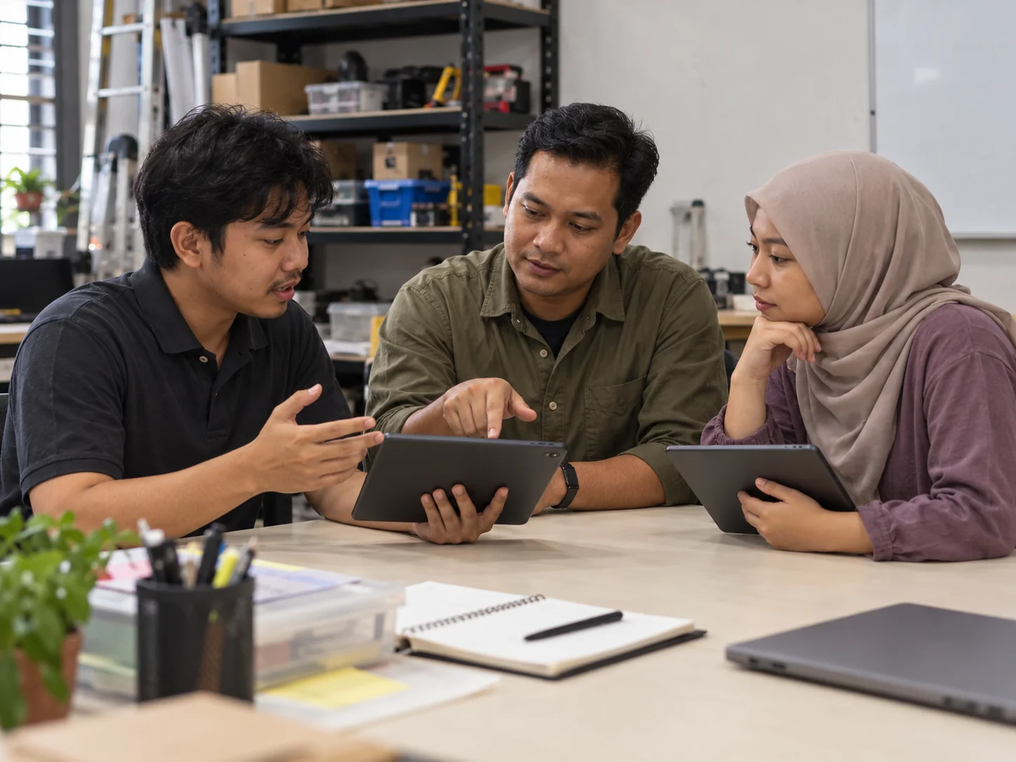 AI-generated illustration. Unique newly generated illustrative scene: Fictional adult Malaysian trainer seated beside two learners practising with plain tablets turned away from camera at a cleared office meeting table. One learner explains the next step back to the trainer while another observes; hands and the shared learning interaction are central. Eye-level medium framing with a shelf in the background, different people and placement from the wide factory handover scene. Not actual REKA staff, a named client or deployment evidence.
