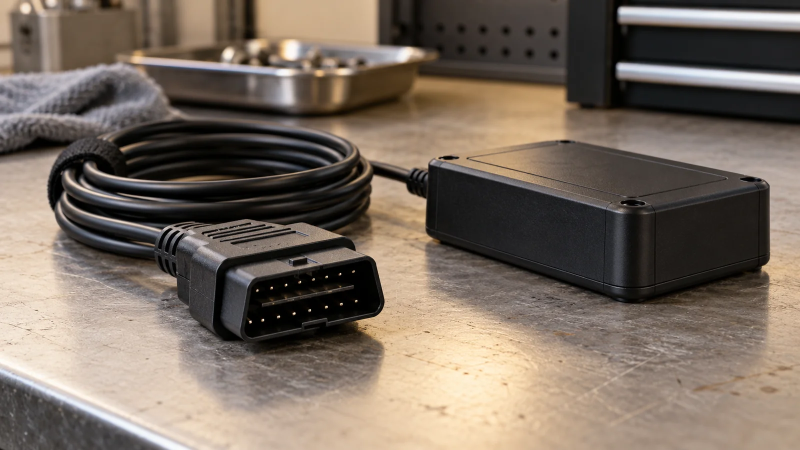AI-generated illustration. Unique newly generated illustrative scene: Close-up editorial still life of a generic unbranded automotive diagnostic connector, neatly coiled cable and plain sealed data-logger enclosure on a clean neutral engineering workbench. No actual car, no technician, no showroom, no client identity, no screen or text, no specific product. Neutral automotive connectivity detail, not documentary evidence of a client service-bay deployment. Not actual REKA staff, a named client or deployment evidence.