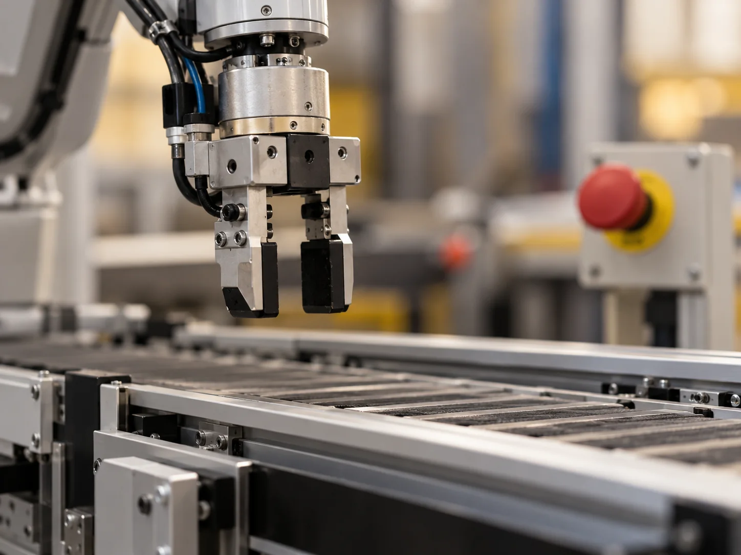 AI-generated illustration. Unique newly generated illustrative scene: A tightly framed editorial still-life photograph of an ordinary industrial robot gripper and unbranded stopped conveyor mechanism, with an emergency-stop control out of focus behind. No people, no identifiable factory, no year or event cues, no operating deployment, no logos. Generic neutral engineering detail that can illustrate automation without documenting the 2020 pandemic or any client's plant. Not actual REKA staff, a named client or deployment evidence.