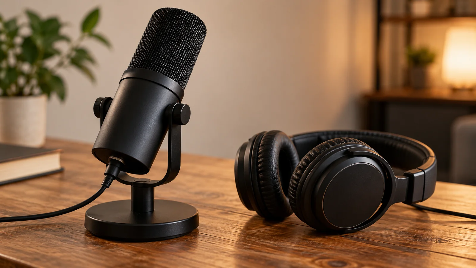 AI-generated illustration. Unique newly generated illustrative scene: A close-up editorial photograph of one ordinary black podcast microphone on a desk stand and a pair of closed-back headphones resting on a plain wooden table, warm neutral soft background. No people, no event, no guests, no branded studio, no actual recording implied, no readable controls or text. A neutral audio-discussion detail still life, not a recreation of a historical podcast. Not actual REKA staff, a named client or deployment evidence.