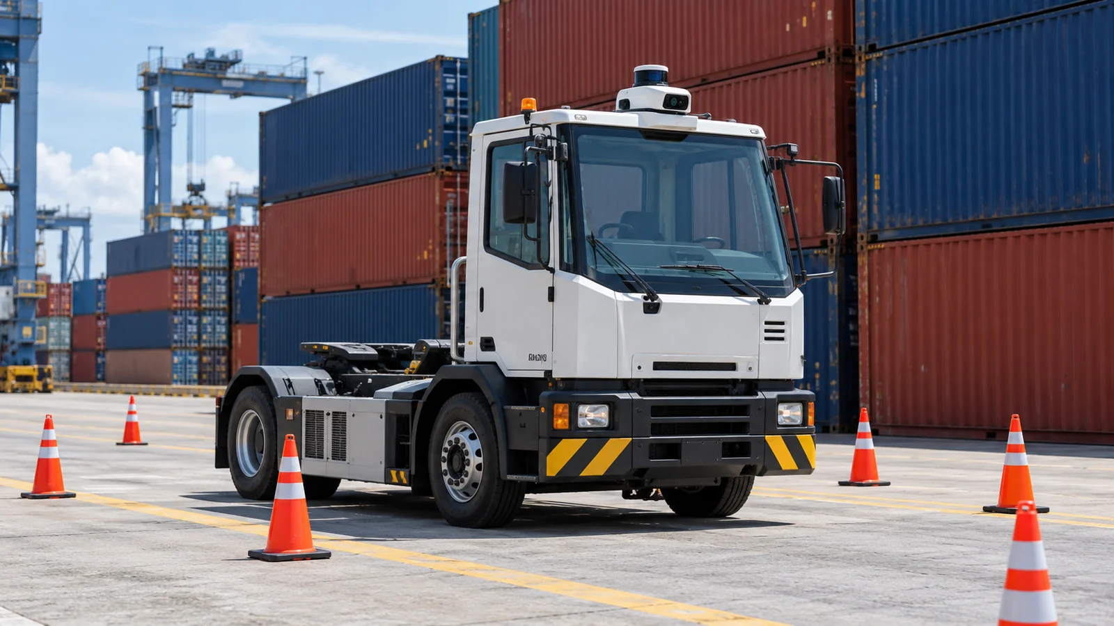 AI-generated illustration. Unique newly generated illustrative scene: Wide realistic research demonstration setting inside a generic container yard: a plain terminal tractor with a small roof sensor pod parked within a coned test lane, no driver visible through closed cab glass. Orange cones, ordinary containers, bright tropical daylight. No personnel on the lane, no moving heavy machinery around people. Illustrative autonomy research, not documentary evidence of a port deployment. Not actual REKA staff, a named client or deployment evidence.