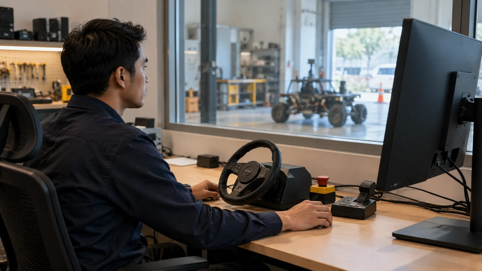 AI-generated illustration. Unique newly generated illustrative scene: Wide editorial photograph of a fictional Malaysian operator at a practical vehicle teleoperation research desk, hands resting near a simple unbranded control wheel and emergency-stop button. Monitor angled away from camera so no software screen content is visible, a small test vehicle softly visible through a workshop window. Contemporary modest engineering setting, not a named product or real deployment. Not actual REKA staff, a named client or deployment evidence.