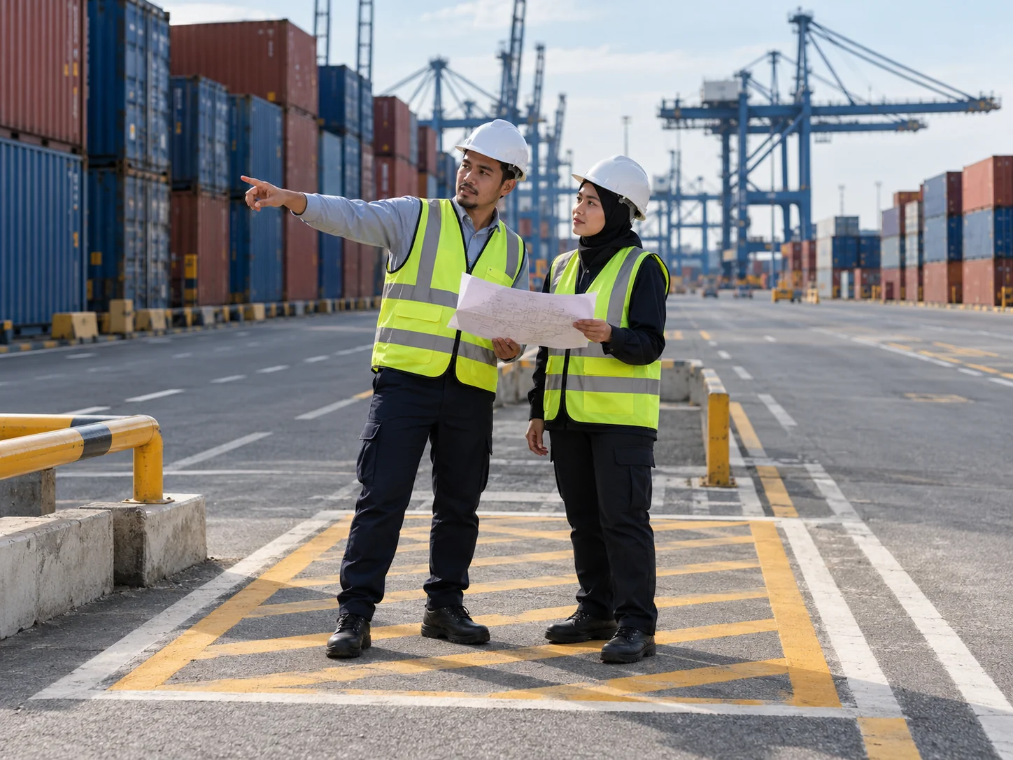 AI-generated illustration. Unique newly generated illustrative scene: Two fictional Malaysian adult professionals wearing appropriate hard hats, reflective vests and safety shoes stand in a marked pedestrian refuge of an empty container-yard lane, reviewing a printed route sketch with unreadable markings. An operations manager points along the route while an engineer listens, no heavy equipment moving near them. Natural afternoon light, medium-wide human-focused framing. Not actual REKA staff, a named client or deployment evidence.