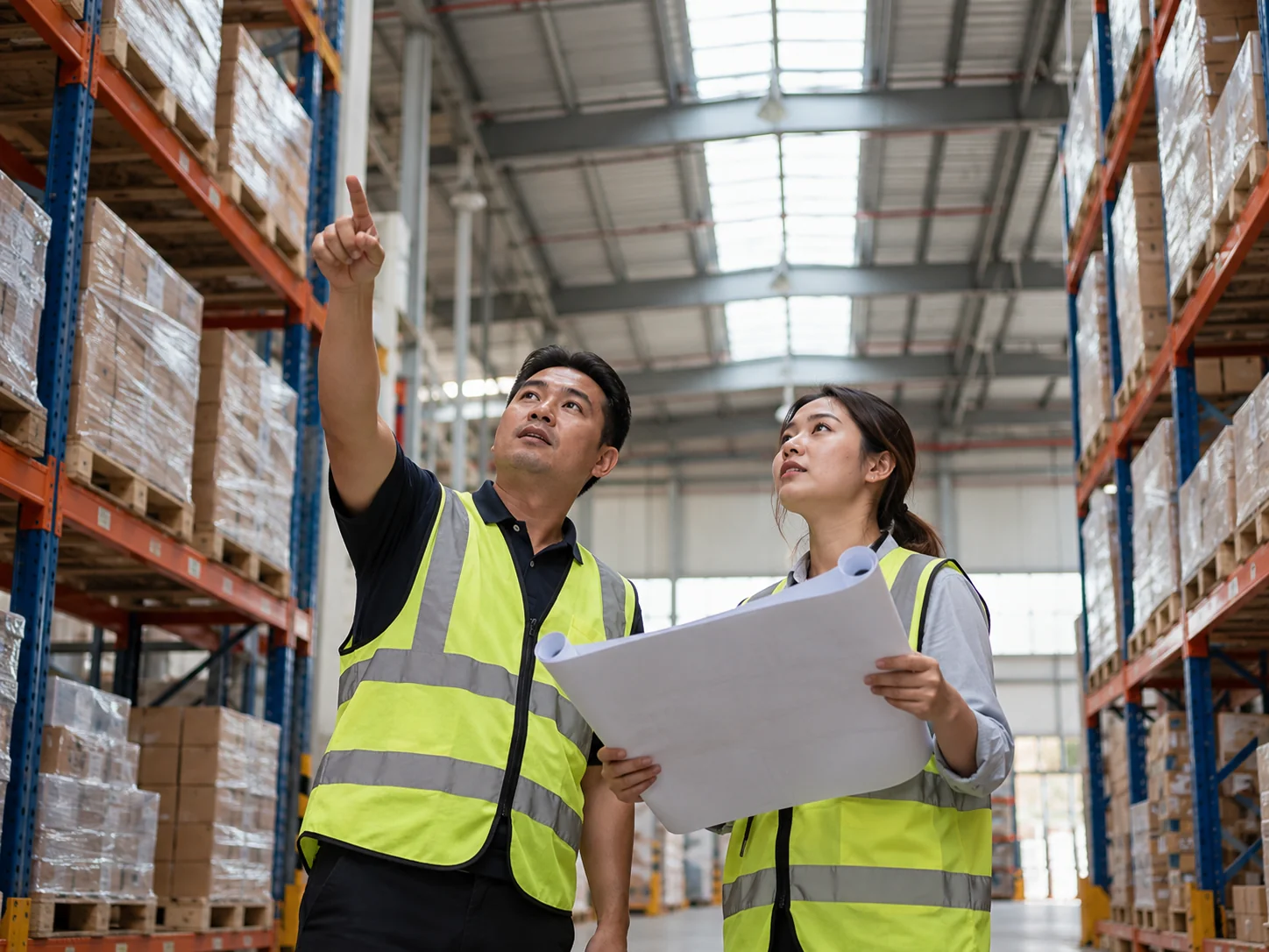 AI-generated illustration. Unique newly generated illustrative scene: Fictional Malaysian warehouse manager and sensing engineer stand at the end of tall shelving in a broad safe pedestrian aisle, looking upward at roof beams to plan sensor locations; manager points upward, engineer holds a rolled site plan with blank unreadable marks. Skylight daylight, calm realistic warehouse, no scanners or screen UI. Distinct from consultant interview and forklift photos. Not actual REKA staff, a named client or deployment evidence.