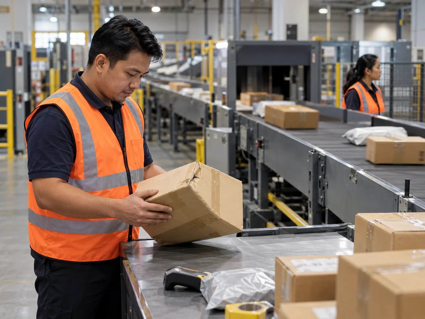 AI-generated illustration. Unique newly generated illustrative scene: Generic Malaysian parcel sorting centre, realistic conveyor and cardboard parcels: a fictional adult supervisor in an orange high-vis vest examines one dented parcel at a safe manual inspection table beside a running enclosed sorting line, a colleague observing the line beyond. A calm single exception handled by a person, ordinary working environment, no client logos or customer addresses. Not actual REKA staff, a named client or deployment evidence.
