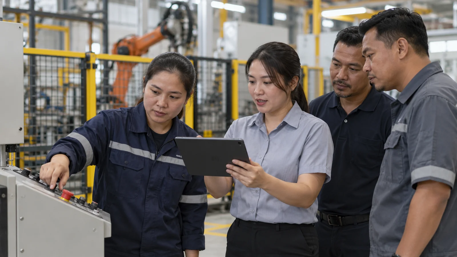 AI-generated illustration. Unique newly generated illustrative scene: Wide bright Malaysian factory workstation: a fictional female trainer demonstrating a tablet to three fictional adult supervisors, one supervisor trying a control while the others observe. Tablet back faces the camera so no UI is invented. Focus on handover and knowledge transfer, machines out of focus behind a safety barrier. Distinct from a two-person planning meeting. Not actual REKA staff, a named client or deployment evidence.