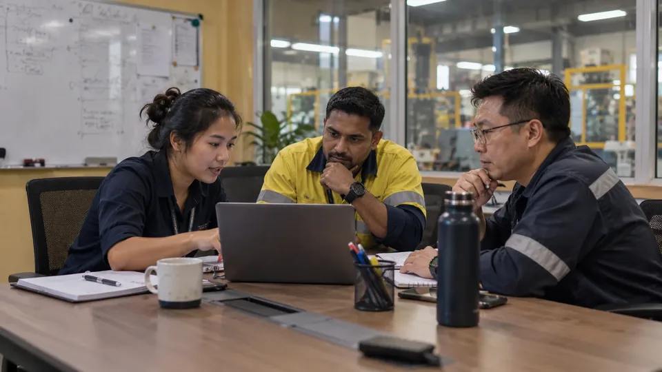 Three people working through a problem at a desk