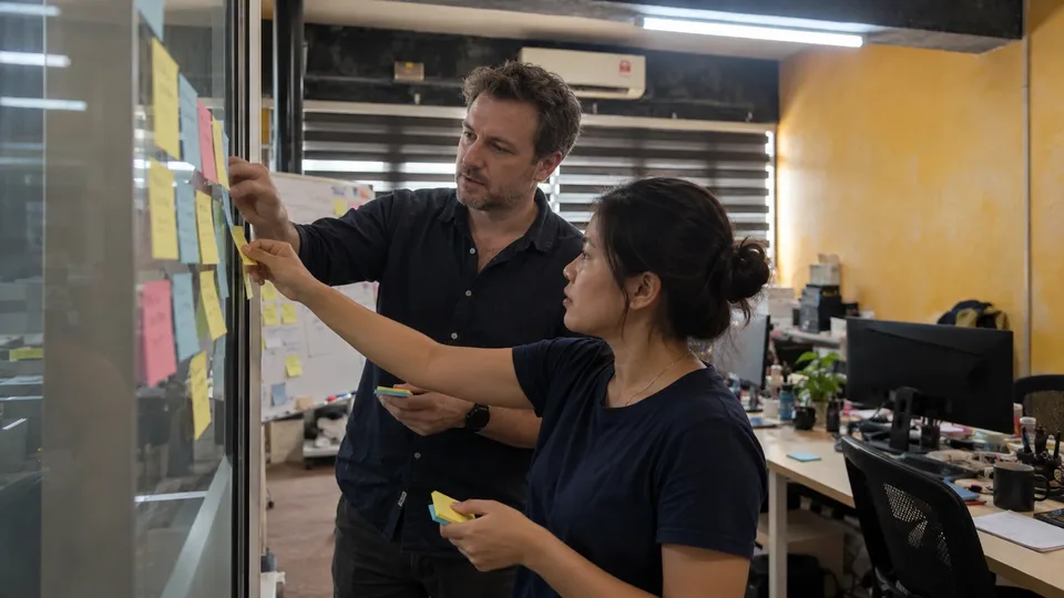 A team mapping a problem on a whiteboard