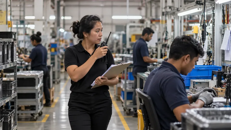 An engineer checking work on the factory floor