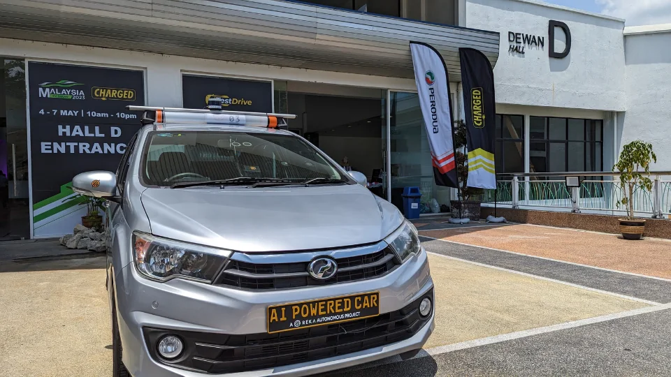REKA's autonomous test vehicle outside Hall D at Malaysia Autoshow 2023