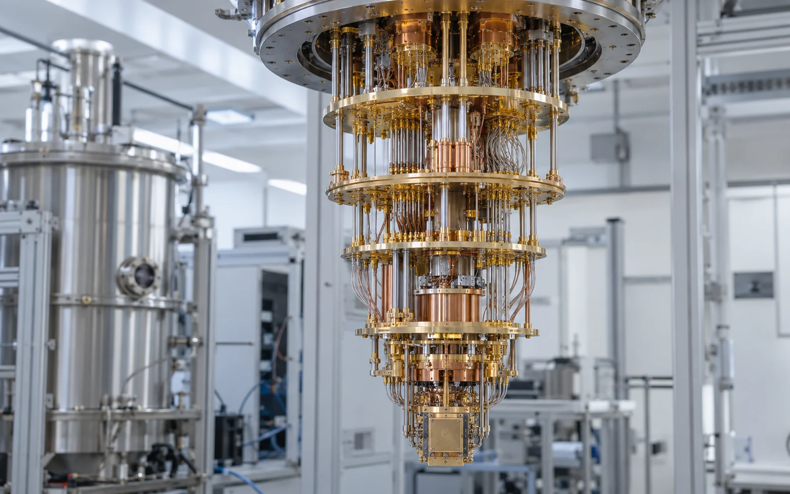 AI-generated illustrative photograph of a quantum-computing dilution refrigerator, not REKA-owned equipment or an actual REKA facility