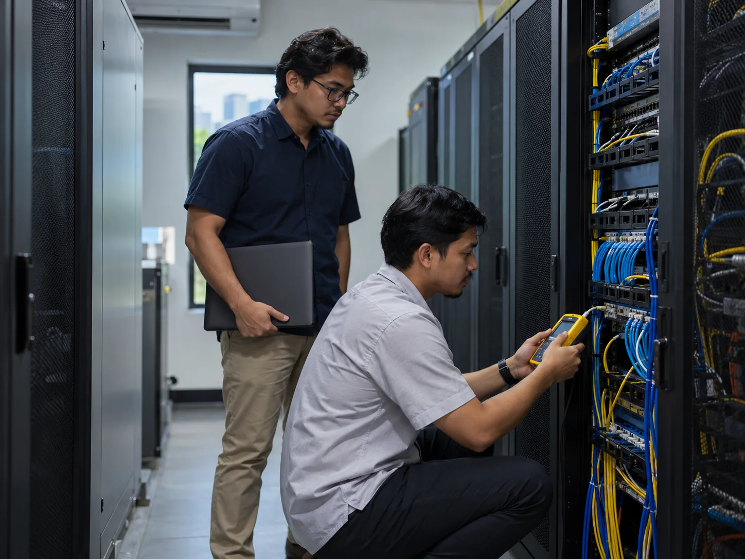 AI-generated illustration. Environmental photograph inside a modest ordinary on-premises server room: a fictional Malaysian adult IT technician in a plain short-sleeved shirt checks a neatly organised external patch panel with a handheld cable tester while a second fictional adult colleague holds a closed laptop. Both safely on the floor with all rack doors secured, realistic cabling, no contact with power systems, no readable labels or displays. Camera inside the room at the far end looking diagonally toward the technicians, different from the earlier doorway consultant scene. No agency logo or identity, no actual government deployment implied. AI-generated illustrative photograph, not actual REKA staff, a named client, agency, historical event or deployment.
