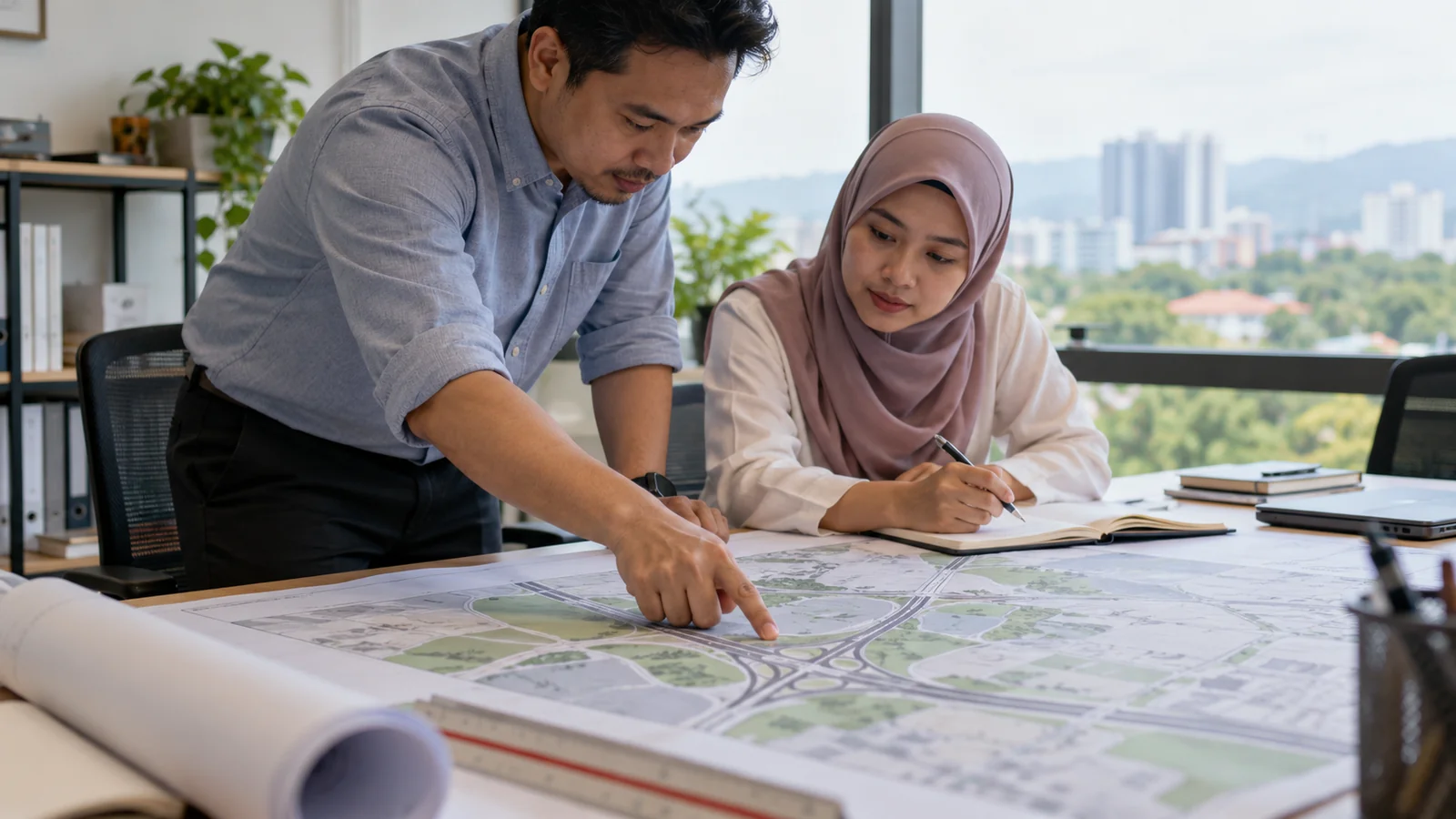 AI-generated illustration. Wide photograph of two fictional Malaysian adult planning professionals in a modest bright office, leaning over a large printed generic road-junction map on a meeting table. One points at a junction while the other writes in a notebook; the printed map has abstract roads only and no readable place names, labels or figures. The photograph is taken obliquely from table height with hands and map in focus, natural window light, everyday public-planning work. No government symbols, insignia, agency identity, real staff or named council, no invented software screen. AI-generated illustrative photograph, not actual REKA staff, a named client, agency, historical event or deployment.