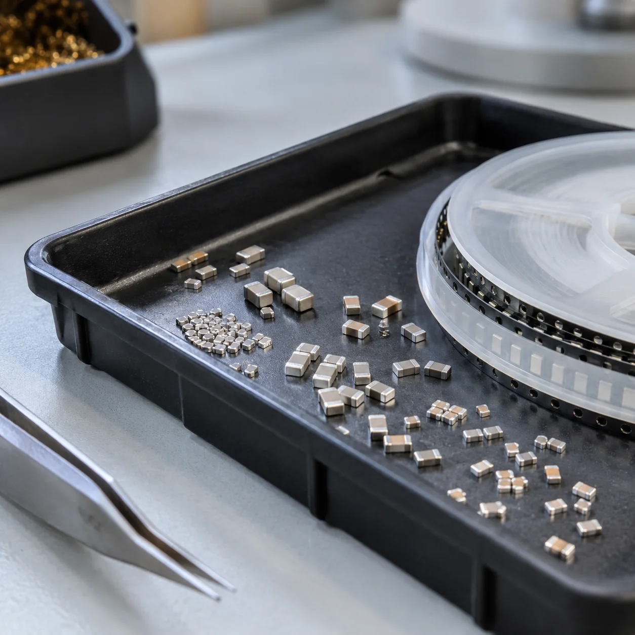 AI-generated illustration. Square refined editorial macro photograph of a shallow unlabelled antistatic tray containing ordinary tiny ceramic electronic components and one partial reel of surface-mount components, on a clean modest electronics workbench. Soft side daylight, pale grey background, shallow but believable depth of field. No people, no robot, no factory interior, no branded parts, no product identity or readable lettering. Neutral electronic-manufacturing detail, not documentary evidence of a Murata plant, REKA deployment or remote operation. AI-generated illustrative photograph, not actual REKA staff, a named client, agency, historical event or deployment.