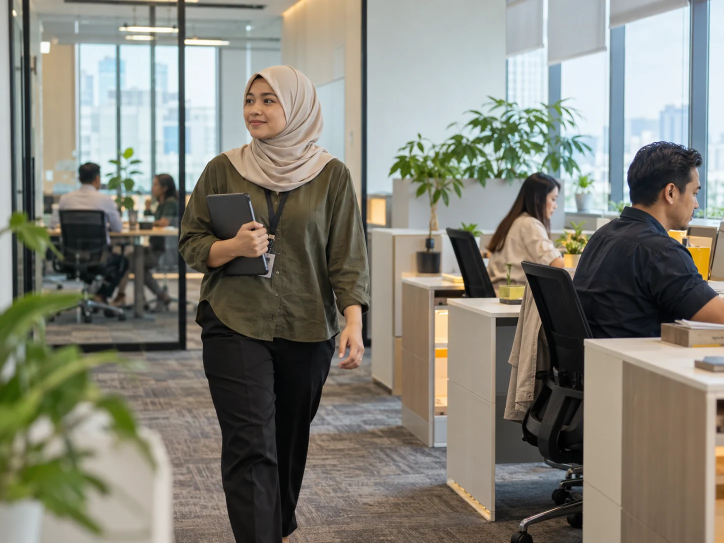 AI-generated illustration. Wide light-filled ordinary Kuala Lumpur-style open-plan office photographed along a diagonal aisle, a fictional Malaysian woman facilities manager in simple work clothes walking past with a closed tablet under her arm, two fictional adults working at desks in the soft background and a meeting room beyond glass. Modest practical interior, calm natural daylight, no cameras or surveillance devices visible, no screen content, no legible signs. A realistic building-use scene, not a boardroom discussion or claimed actual REKA/customer office. AI-generated illustrative photograph, not actual REKA staff, a named client, agency, historical event or deployment.