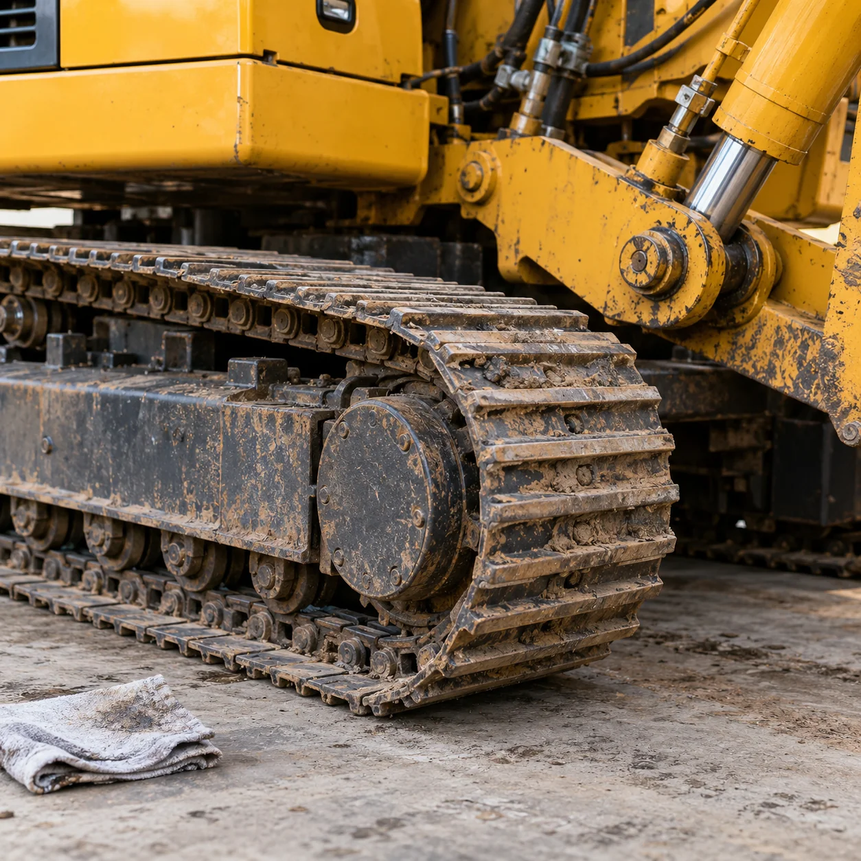 AI-generated illustration. Square editorial close-up still-life photograph of an unbranded excavator's steel track, yellow lower chassis and hydraulic linkage, safely parked and powered down on a neutral depot floor. Side-on mechanical textures and one small folded plain service cloth in the near foreground. No people, no identifiable depot or client, no company logo, no screen or readable lettering. A neutral heavy-equipment service illustration, not documentary evidence of any UMW platform, customer project or pandemic activity. AI-generated illustrative photograph, not actual REKA staff, a named client, agency, historical event or deployment.