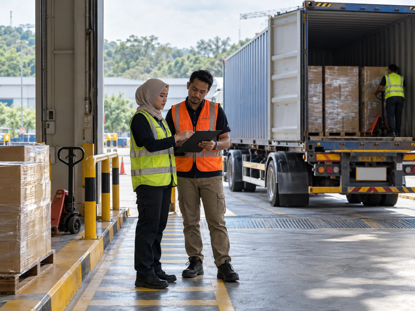 AI-generated illustration. Morning photograph at a generic Malaysian warehouse loading bay from inside looking out. A fictional adult logistics planner wearing a reflective safety vest stands in a marked pedestrian refuge beside a dock supervisor, both reviewing an unreadable clipboard while a pallet jack sits parked behind the safety line and a container truck waits with its trailer open. Clear physical separation from vehicles, ordinary warehouse, eye-height medium-wide composition, tropical daylight. Not the previous tall-rack forklift scene or consultant interview. AI-generated illustrative photograph, not actual REKA staff, a named client, agency, historical event or deployment.