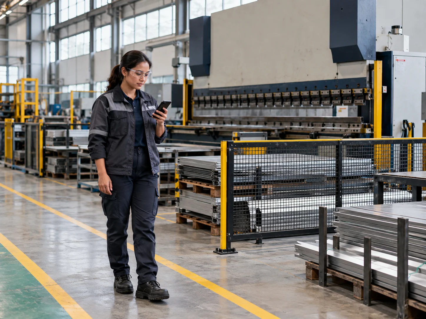 AI-generated illustration. Wide candid photograph of a fictional Malaysian woman production supervisor on a small metal-fabrication floor, wearing appropriate clear safety glasses and safety shoes, checking a phone whose back faces the camera. She stands in a marked safe pedestrian lane; an idle press brake and neatly organised sheet-metal stock behind a guard, high factory windows providing daylight. Three-quarter frontal environmental view, no active welding or sparks, ordinary realistic machinery. Not a scene already used for conveyor consultation, task-board planning or staff training. AI-generated illustrative photograph, not actual REKA staff, a named client, agency, historical event or deployment.