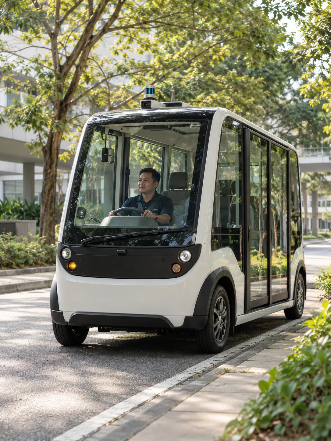 AI-generated illustration. Portrait full-height environmental photograph of an ordinary compact electric campus shuttle, unbranded with a subtle generic sensor unit, parked beside a kerb on a quiet tropical campus road. One fictional adult safety operator seated behind the steering wheel with hands resting on it, doors closed, no boarding passengers, no motion. Tree canopy and modest campus buildings, natural morning light, realistic research vehicle not a futuristic pod. No number plate readable, no branding, no specific Cyberjaya location or claim of an actual REKA deployment. AI-generated illustrative photograph, not actual REKA staff, a named client, agency, historical event or deployment.