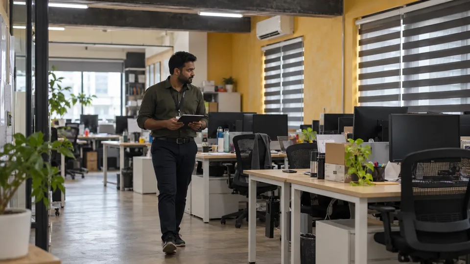 A facilities team reviewing plans in an office