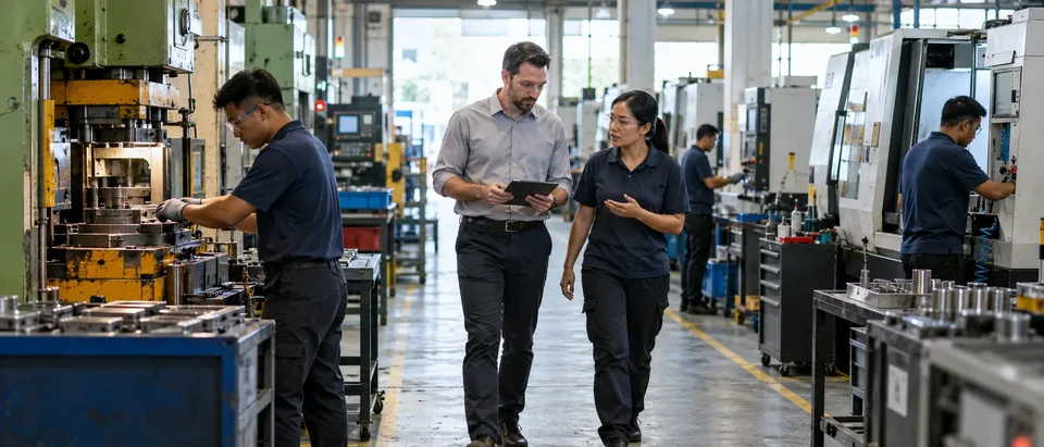 A manager walking the factory floor with a tablet