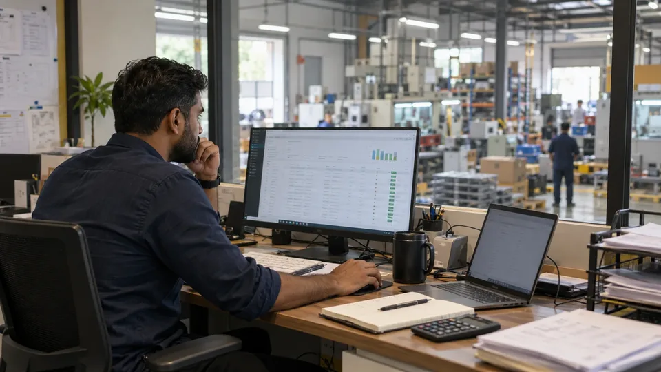 An engineer reviewing production data at a desk overlooking a factory floor