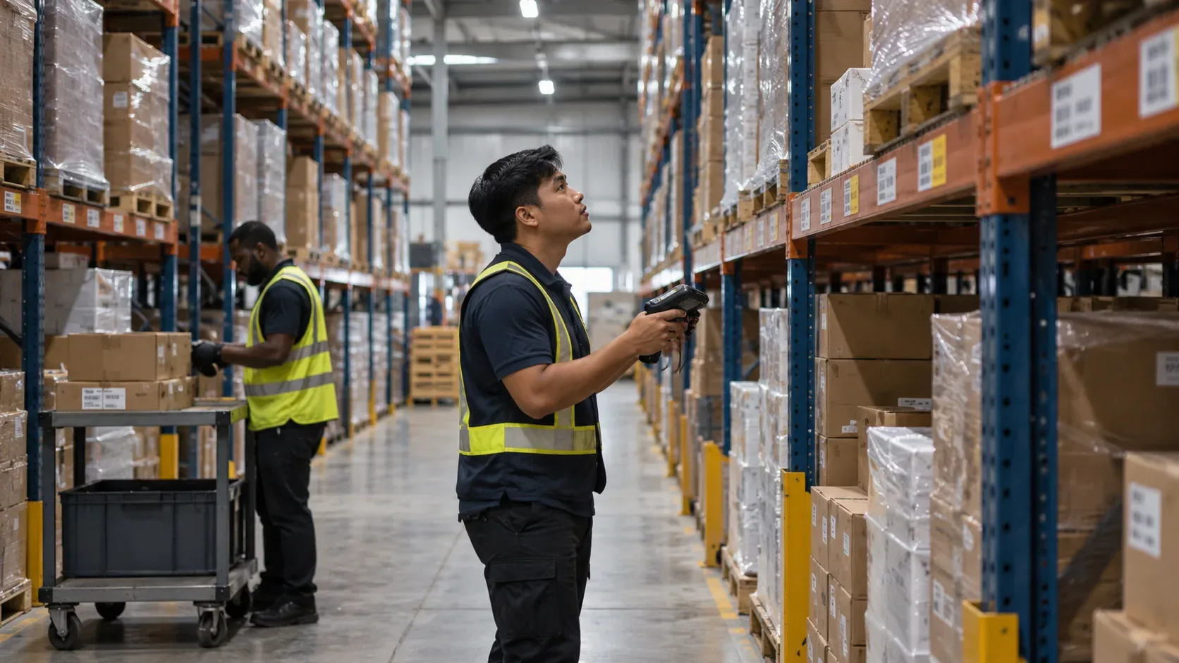 A warehouse aisle with a worker checking stock