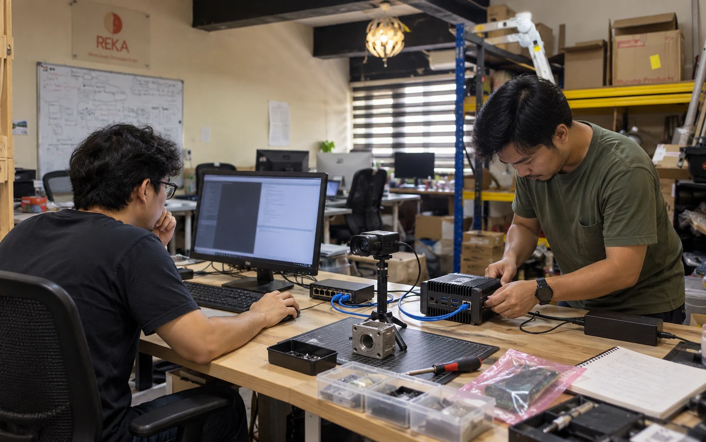 AI-generated illustration grounded in photographs of REKA’s office and lab. Fictional engineers integrate a camera, edge computer, network switch and workstation at a practical hardware bench; not an actual deployment or result.