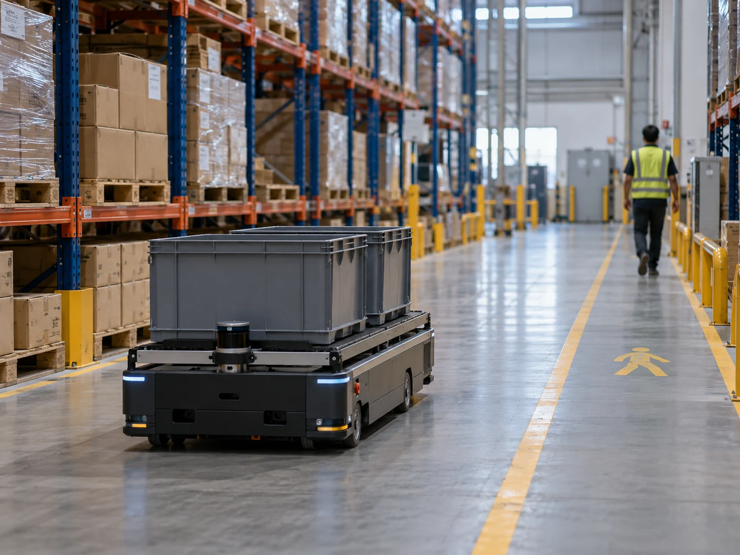 AI-generated illustration of an autonomous mobile robot carrying totes along a marked warehouse lane; not a real REKA or customer deployment.