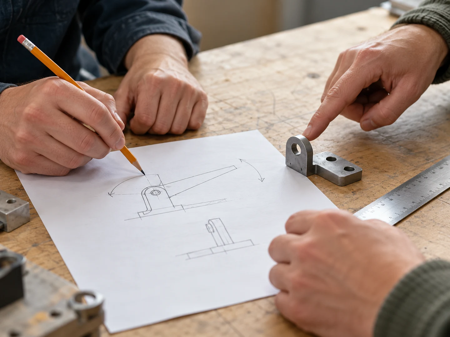 AI-generated illustration of researchers framing a physical engineering constraint using a bracket, ruler and simple unlabelled sketch; not actual staff or project evidence.