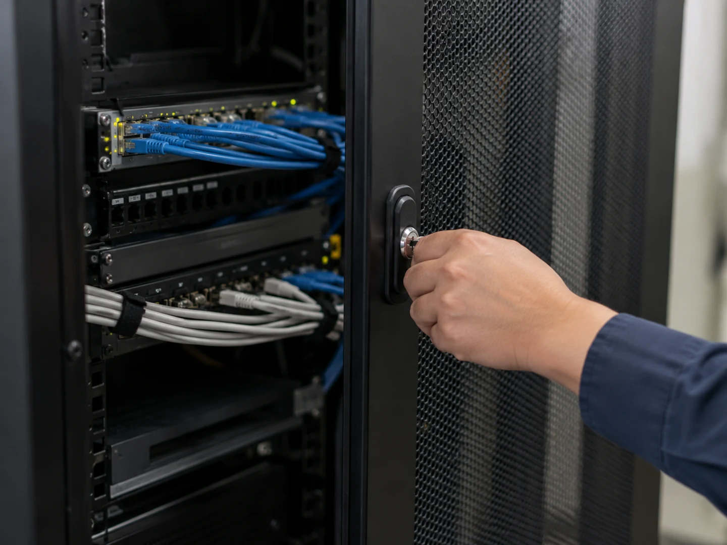 AI-generated illustration of a locked on-premise server cabinet and neatly routed network cables, representing data-location decisions rather than a certified-security claim.