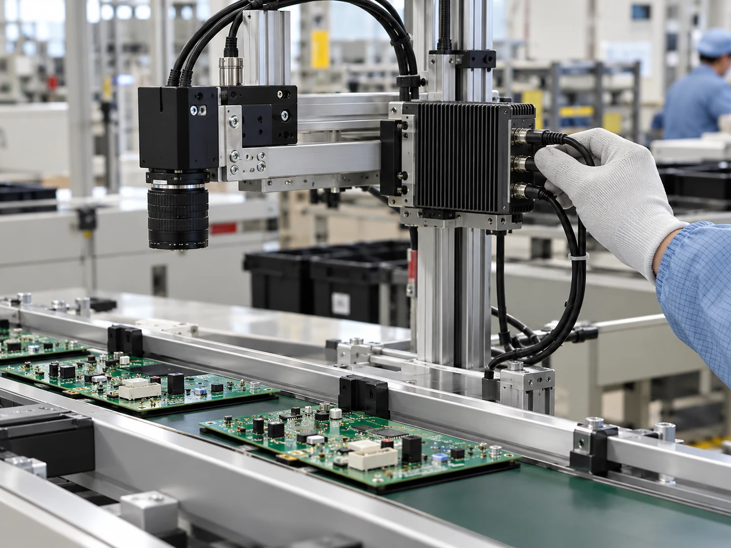 AI-generated illustration of a compact inspection camera and edge computer above a stationary electronics conveyor; not a named factory installation or measured result.